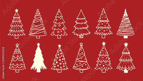 A delightful collection of various hand-drawn, white-outlined Christmas tree designs featuring different patterns and decorations, presented against a solid red background.
