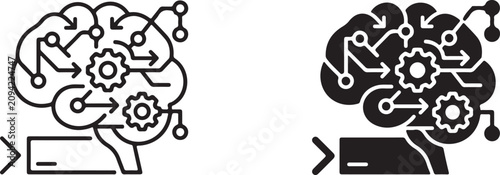 Processing Artificial Intelligence Brain Icons with Gear Mechanisms and Circuitry