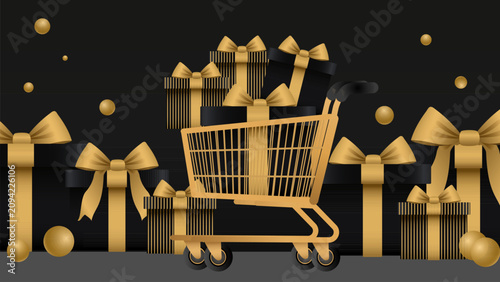 Foto christmas Shopping cart with gift box and bow gold decoration on transparency ba