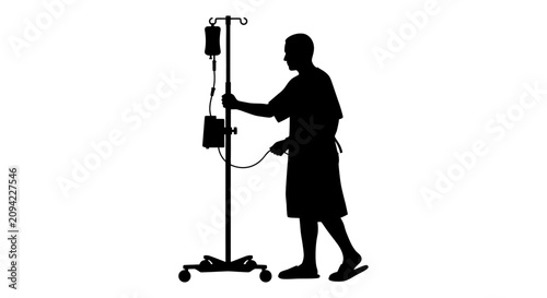 Male patient walking with IV drip pole silhouette.