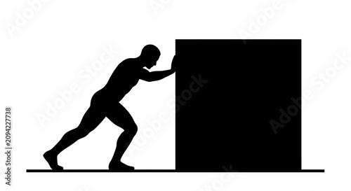 Man silhouette pushing a heavy solid square block.