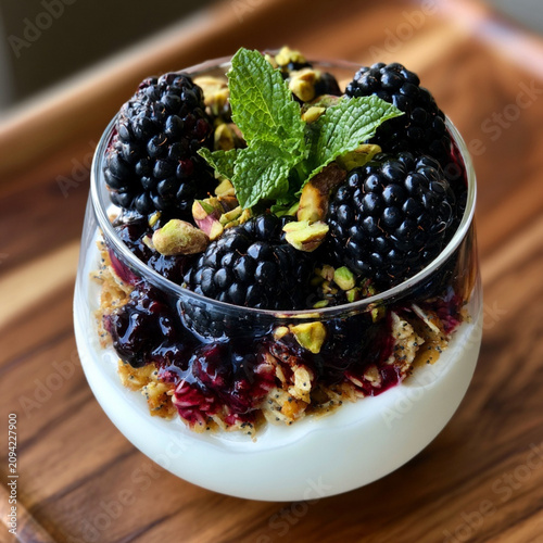 Blackberry Lemon Greek Yogurt Parfait with Muesli and Fresh Fruit Toppings
