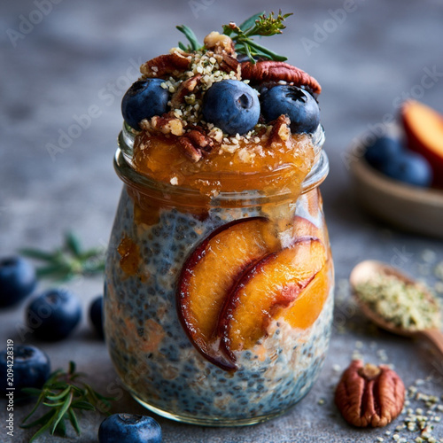 Overnight Oats with Roasted Summer Peaches, Chia Oats, Fresh Blueberries, Toasted Pecans, Hemp Seeds and Peach Compote in a glass jar 