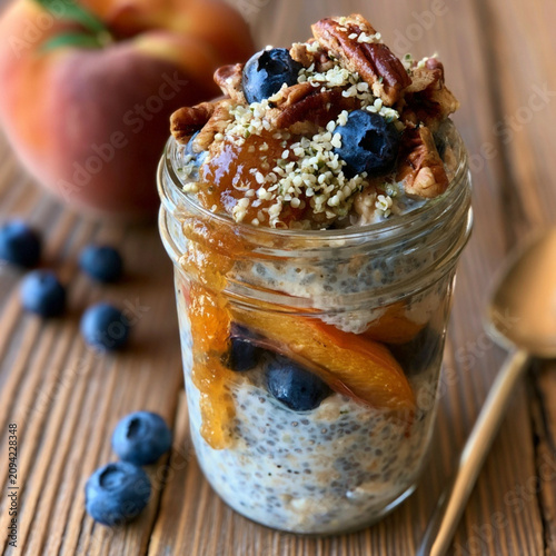Overnight Oats with Roasted Summer Peaches, Chia Oats, Fresh Blueberries, Toasted Pecans, Hemp Seeds and Peach Compote in a glass jar 