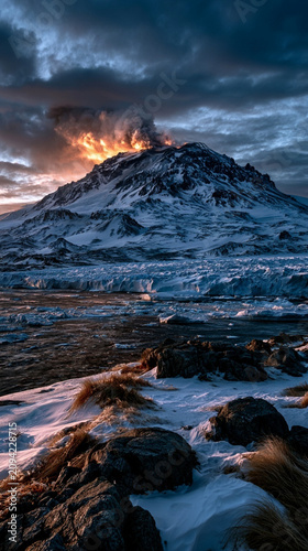 Antarctic Volcano Landscape with Snow Covered Mountain and Dramatic Sky