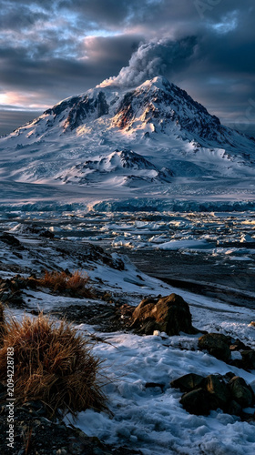 Antarctic Volcano Landscape with Snow Covered Mountain and Dramatic Sky