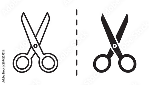Quadro su tela Pair of scissors cutting dashed line symbolizing separation or division in two parts vector illustration