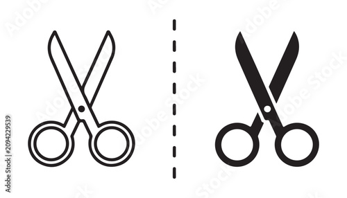 Quadro su tela Pair of scissors cutting dashed line symbolizing separation or division in two parts vector illustration