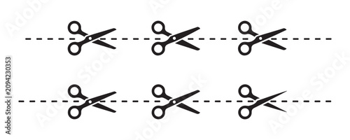 Obraz na płótnie Set of six scissor icons with dotted line, coupon cutting and tailor shears, vector illustration