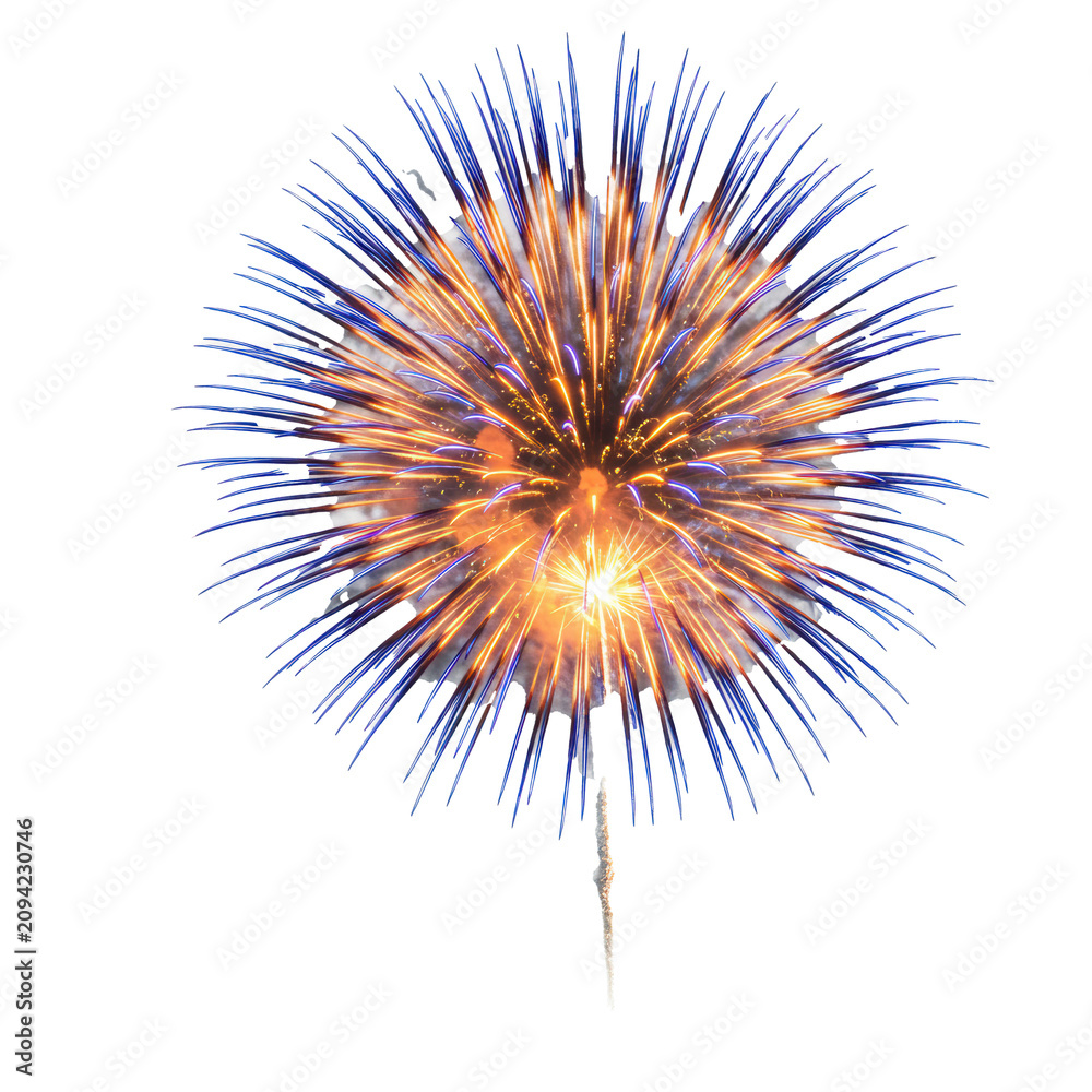 Obraz premium spectacular, hyper-photorealistic, macro view of a large pyrotechnic explosion with a fiery golden core and electric blue light trails, isolated on a white background concept of dazzling brilliance