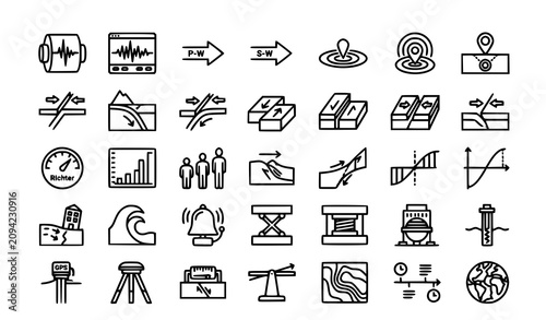 Obraz na płótnie Earthquake science and seismology outline icons | Seismic wave tectonic plate ep