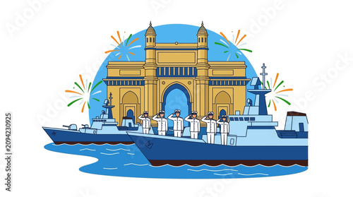 Принти на полотні Gateway of India, Naval Ships, Sailors Saluting, Fireworks