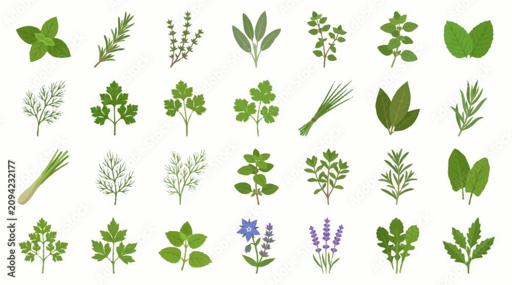 Fototapeta premium Collection of various green leafy plants and herbs.