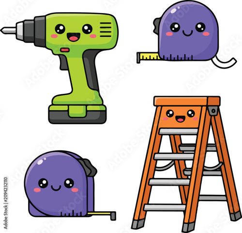 Cute cartoon construction tools and equipment set with smiling faces.