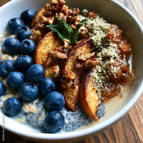 Chia Overnight Oats with Roasted Peaches Blueberries and Healthy Toppings