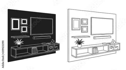 Fotografija Living Room Wall Unit With Television Line Art Illustration