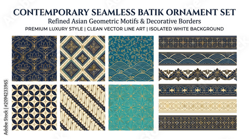 Luxury Ethnic Ornamental Seamless Pattern Collection Featuring Refined Geometric Asian Batik Motifs and Decorative Border Elements