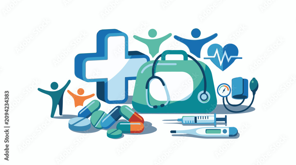 Fototapeta premium Health care icons with pills stethoscope and medical equipment