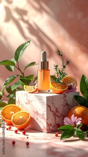 Skincare product with oranges and plants.