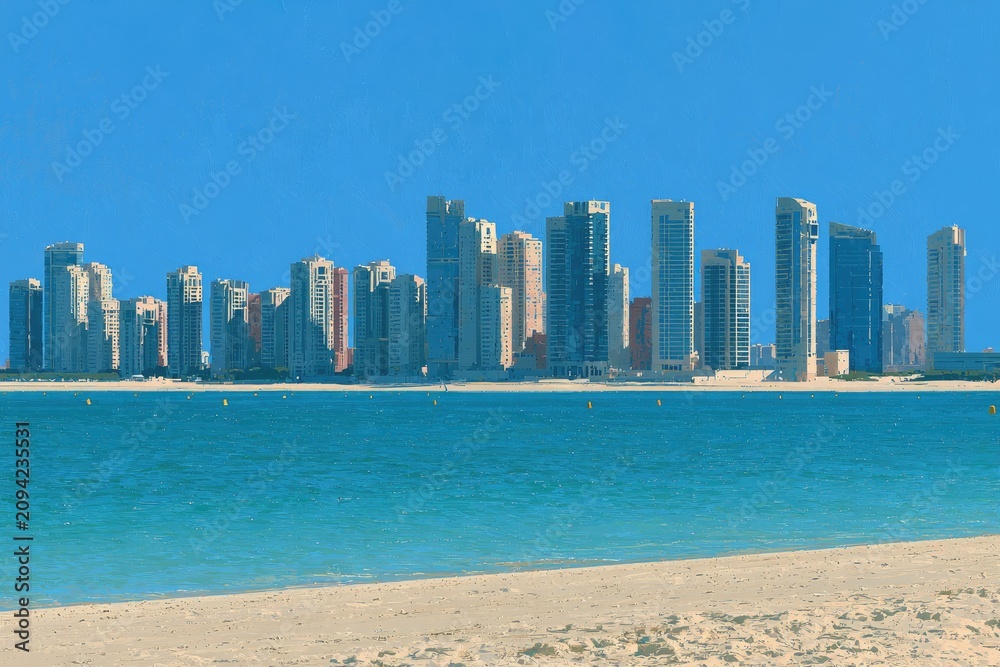 Obraz premium Modern City Skyline Overlooking a Tropical Beach and Ocean.
