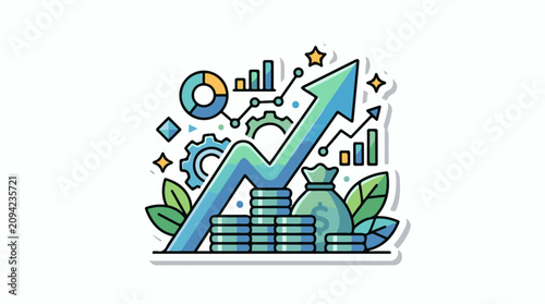 Growth chart with coins money bag and gears