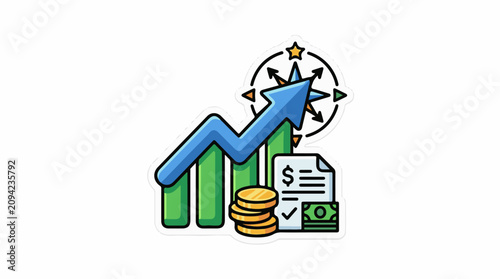 Growth chart with compass coins currency and document