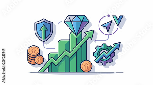 Growth chart with diamond coins shield gear and navigation icons