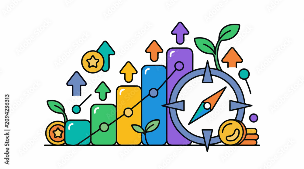 Naklejka premium Growing bars arrows pointing up compass coins and plants symbolize success