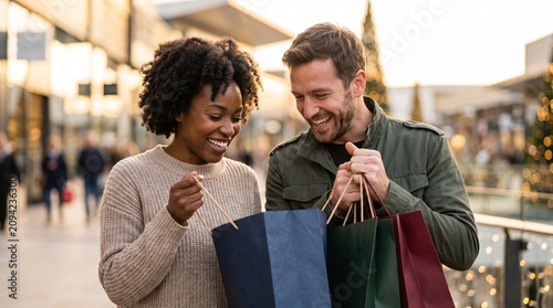 Black Friday Shopping Success with Happy Diverse Shoppers Carrying Retail Bags