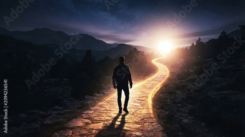 A lone man walking on a glowing path towards a bright sunrise in the mountains.