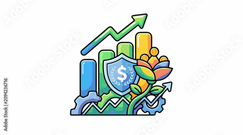 Growth chart with shield flower and upward arrow