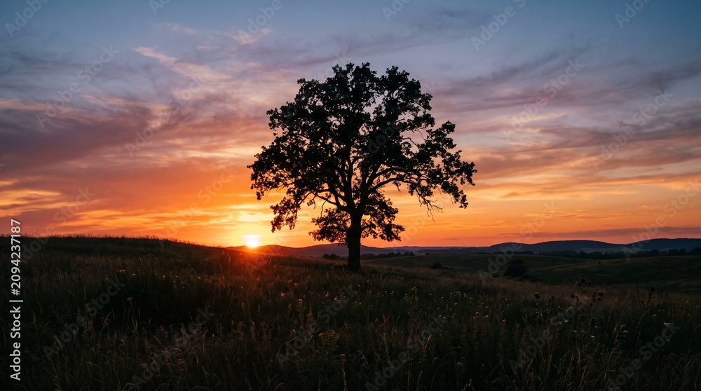 Fototapeta premium Silhouette of single tree in field at beautiful sunset. Concept of nature, freedom, and peaceful landscape, Represents travel and countryside scenery made by AI generative