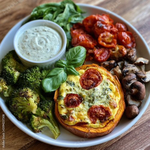 Healthy Breakfast Bowl with Eggs Roasted Vegetables Spinach and Herb Sauce