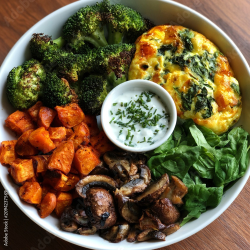 Egg Bake Bowl with Roasted Sweet Potatoes Broccoli Mushrooms and Yogurt Sauce