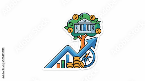 Growth tree with bank coins chart and compass