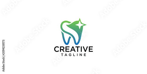 Creative dental care logo with clean tooth icon and sparkling star in green and blue gradient