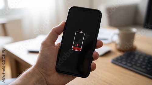 Hand holding smartphone with low battery icon on screen, Concept of technology, dead battery, and urgent problem made by AI generative