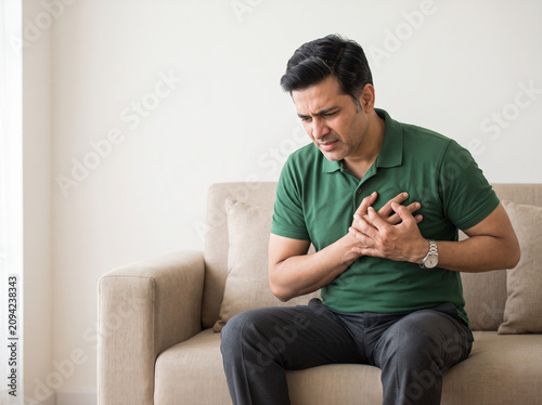 Middle aged Indian man experiencing chest pain while sitting on a sofa at home representing heart attack symptoms cardiovascular emergency preventive healthcare and cardiac awareness