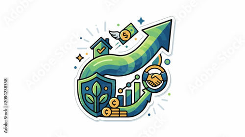 Growth upward arrow with shield house money handshake and charts