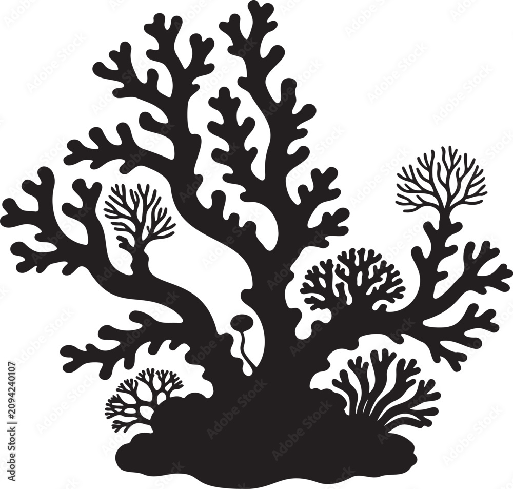 Fototapeta premium Stylized coral silhouette with intricate branching structures and organic underwater forms, isolated on a clean background for marine, coastal, and environmental themes.