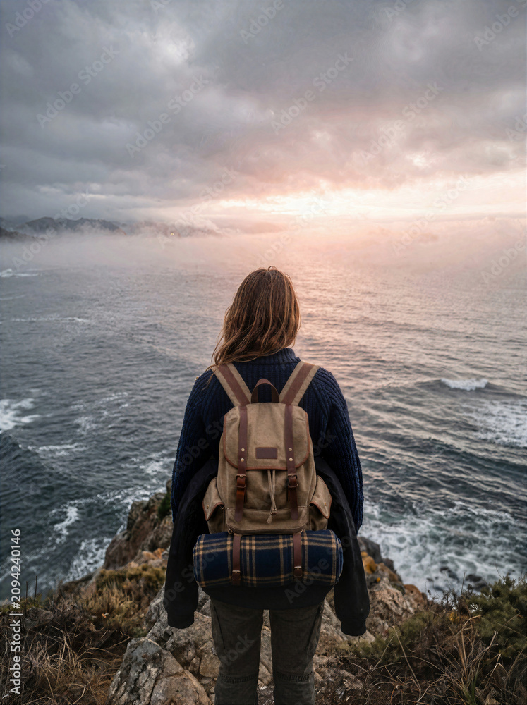 Fototapeta premium Backpacker overlooking a dramatic coastal landscape at sunrise