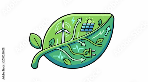 Green leaf illustration with renewable energy symbols