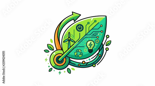 Green leaf with circuit board wind turbine lightbulb and recycle symbol