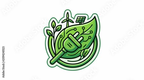 Green leaf with plug solar panel and wind turbine