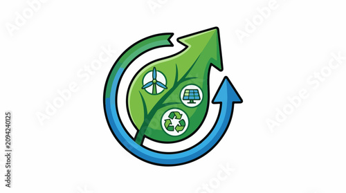 Green leaf with circular arrows and renewable energy symbols