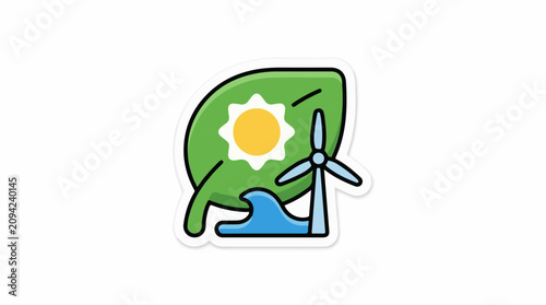 Green leaf with sun wave and wind turbine symbol for sustainability