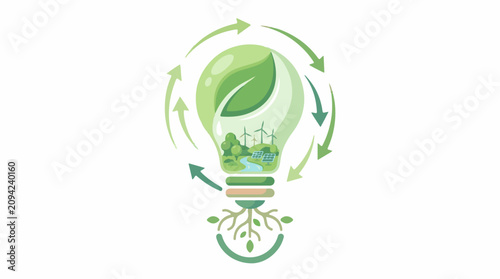 Green lightbulb with ecosystem inside symbolizing renewable energy