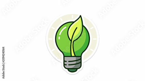 Green light bulb with a growing leaf
