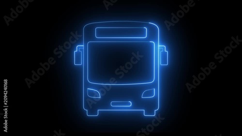Glowing blue color neon school bus icon isolated on black background. Public transportation symbol. 4K 