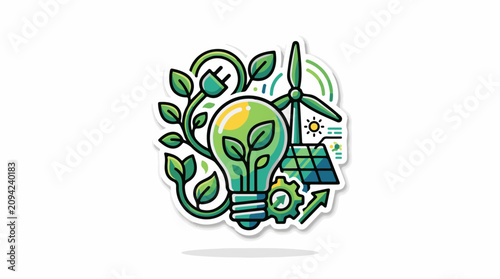 Green lightbulb with plants wind turbine solar panel gears and sun icon